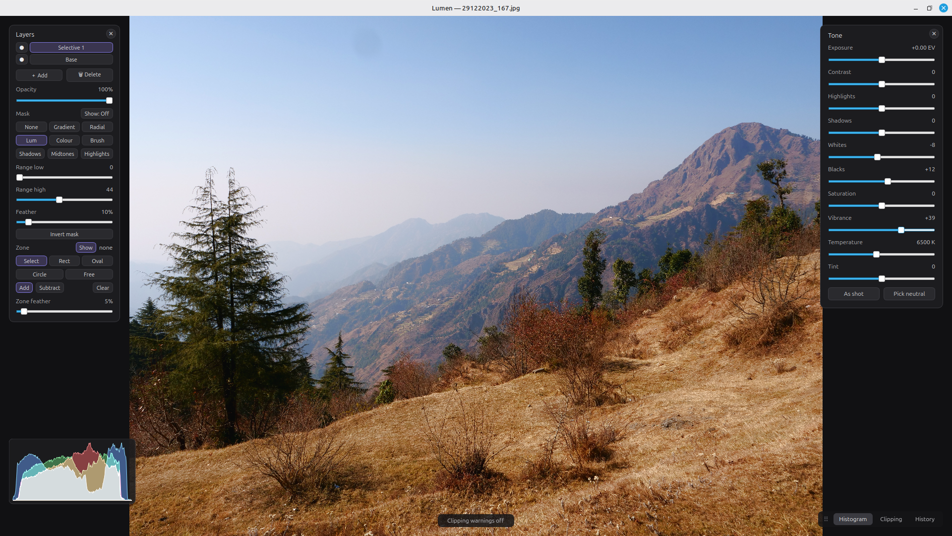 The Lumen editing canvas — a photograph filling the screen with a floating adjustment panel