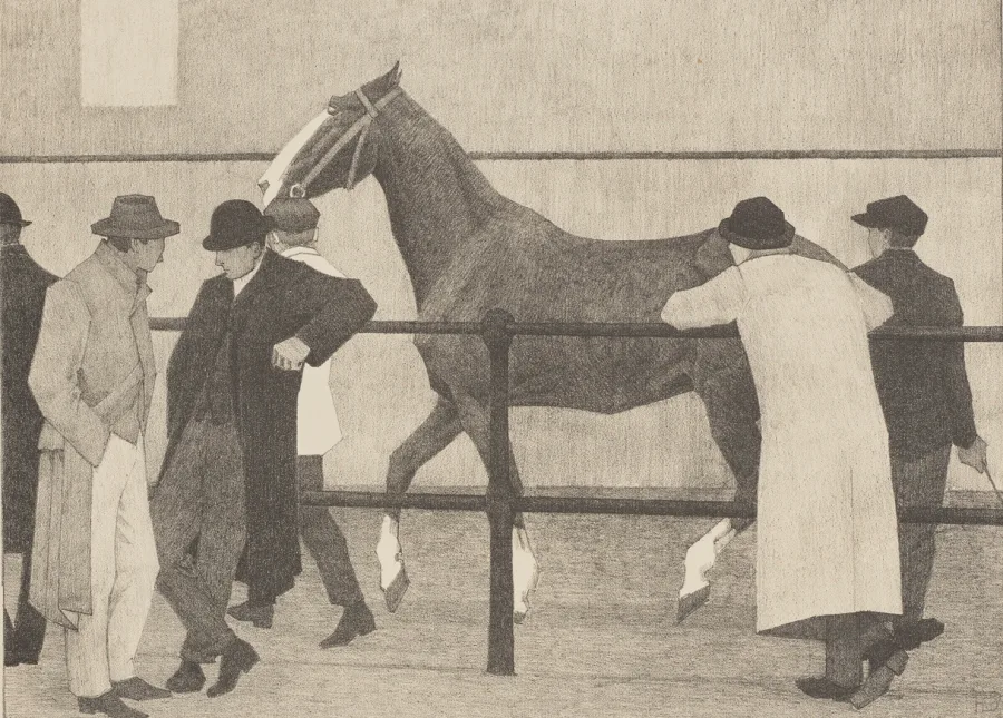 Lithograph by Robert Polhill Bevan of horse dealers examining a horse at a market