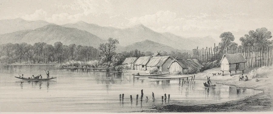 Lithograph after Charles Decimus Barraud of Horowhenua Lake, showing whare on the shore, canoes on the water, and mountains beyond