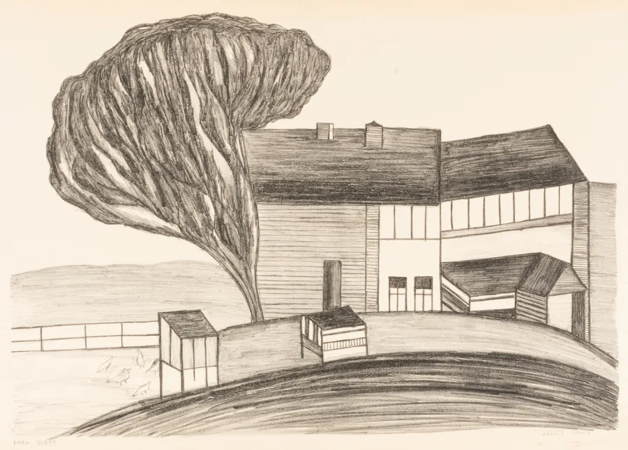Lithograph by Jennie Lewis titled Farm Scene, showing a stylized farmhouse, barn, and wind-shaped tree