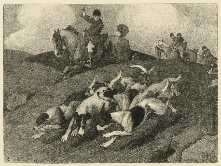 Lithograph by Robert Polhill Bevan of huntsmen on horseback following a pack of hounds across open hills