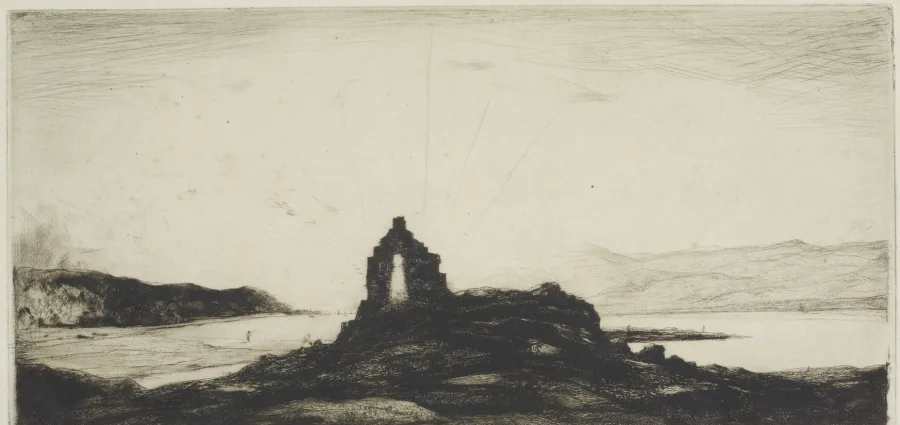 Etching by Sir David Young Cameron of a ruined tower on a rocky promontory by a loch, with hills beyond
